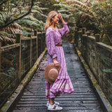 Coachella Music Festival Outfits Bohemian Printed Dress Long Sleeve Large Swing Skirt Elastic Waist