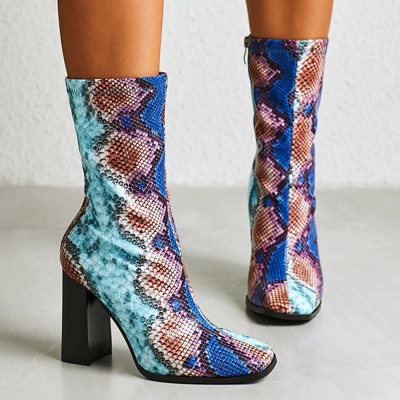 Python Boots Autumn and Winter Thick Heel Boots Women's Shoes Dr. Martens Boots Single Boots
