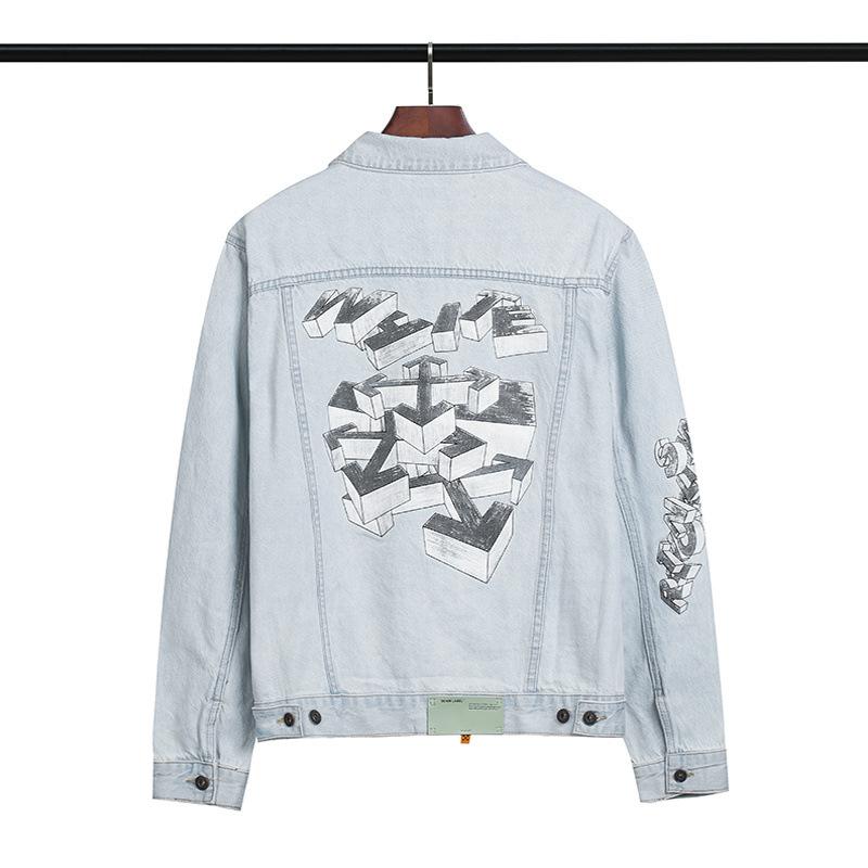 Off White Arrow Denim Jacket Jean Coat Letter Arrow Washed Distressed Locomotive Denim Jacket Coat Owt