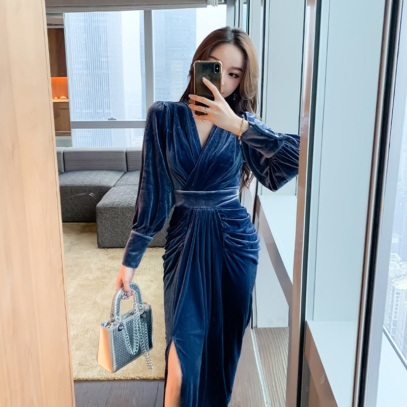 Blue Velvet Dress Sexy V-neck Gold Velvet Lantern Sleeve High Waist