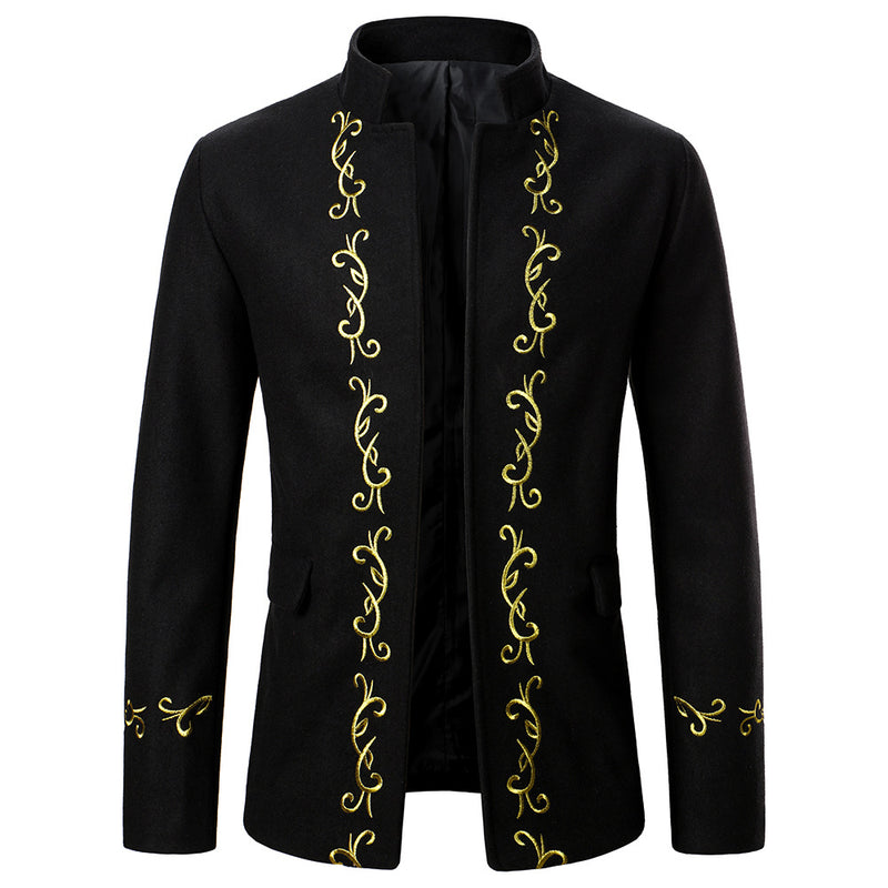 Men Prom Outfits Trench Coat Woolen Coat Gold Embroidery