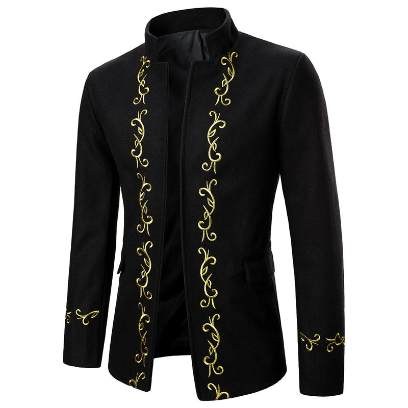 Men Prom Outfits Trench Coat Woolen Coat Gold Embroidery
