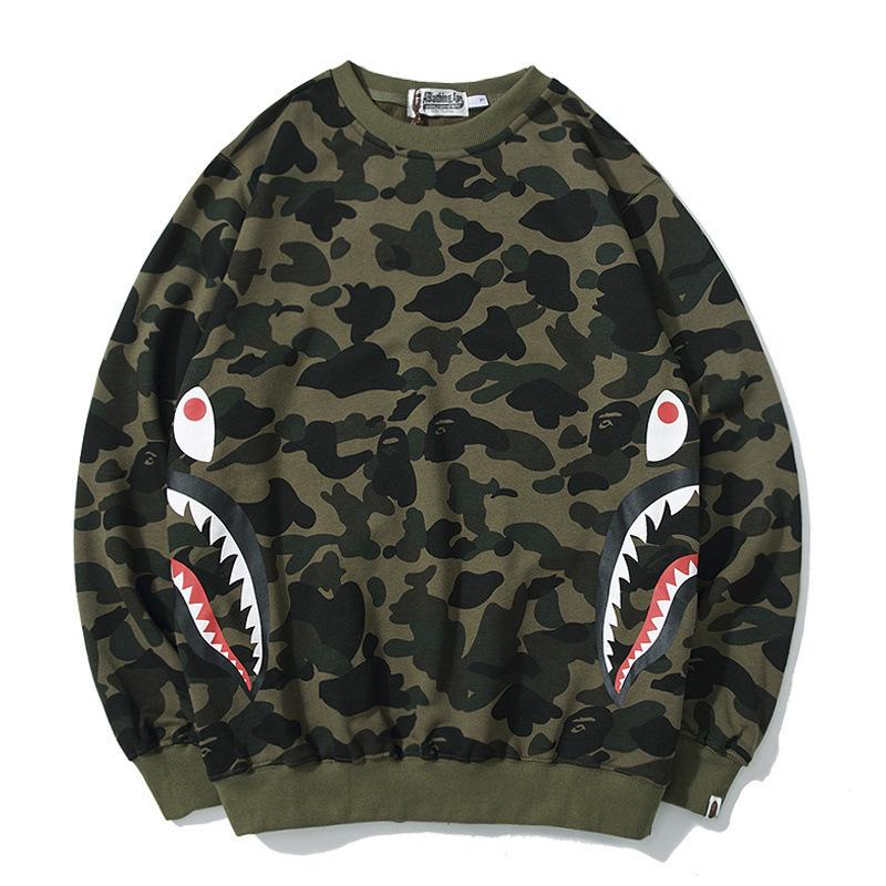 Bathing Ape Sweatshirts Fashion Brand Camouflage Shark Head Print Cotton Terry round Neck Sweater