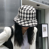 Vintage Check Bucket Hat Square Grid Big Brim Bucket Hat