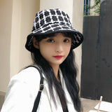Vintage Check Bucket Hat Square Grid Big Brim Bucket Hat