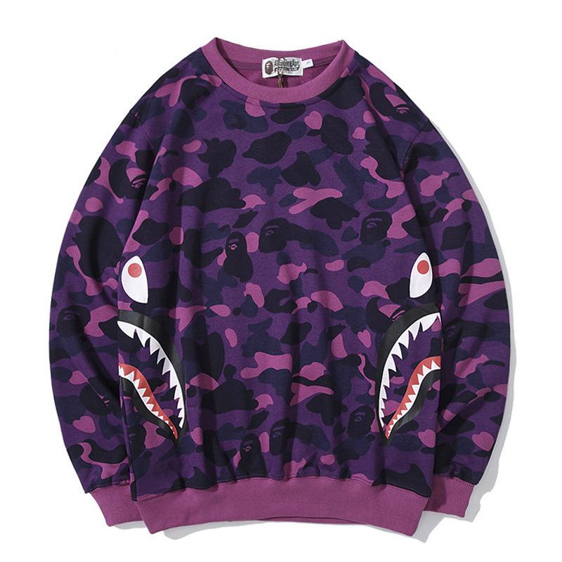 Bathing Ape Sweatshirts Fashion Brand Camouflage Shark Head Print Cotton Terry round Neck Sweater