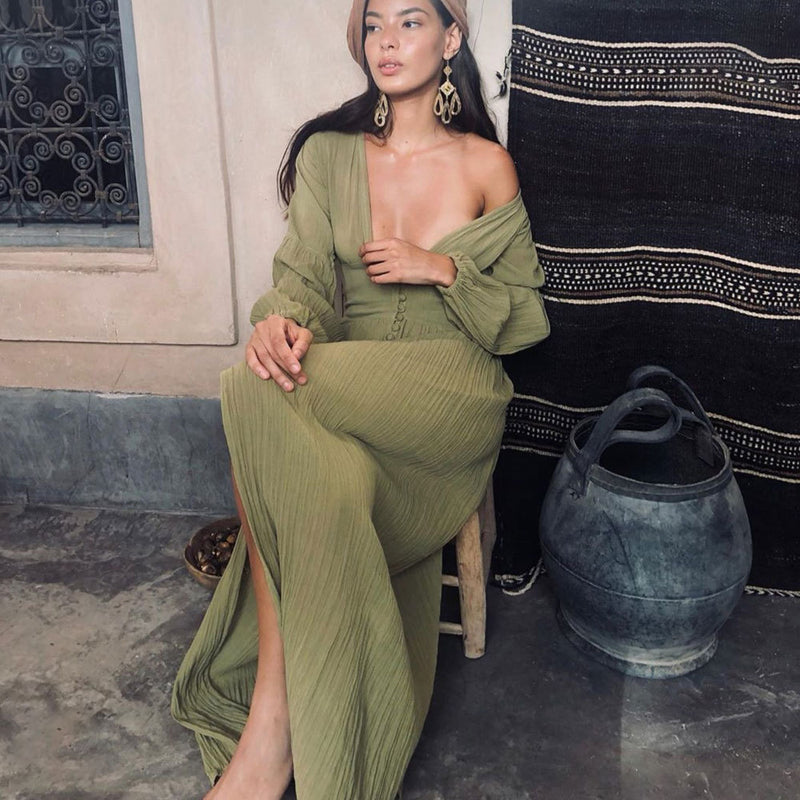 Emerald Green Dress V-neck Dress Waist Pleated Loose Temperament Long Sleeve