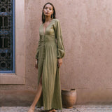 Emerald Green Dress V-neck Dress Waist Pleated Loose Temperament Long Sleeve