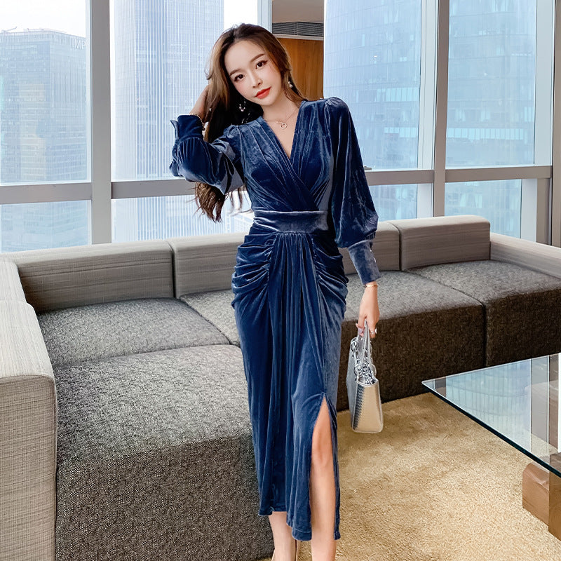 Blue Velvet Dress Sexy V-neck Gold Velvet Lantern Sleeve High Waist