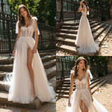 See through Wedding Dres Women's Sexy Sling Backless See-through Wedding Dress Split Dress