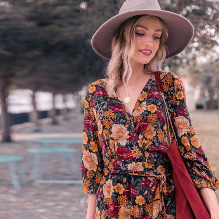 Romany Gypsy Outfits Long Sleeve Vintage Print Dress Maxi Dress