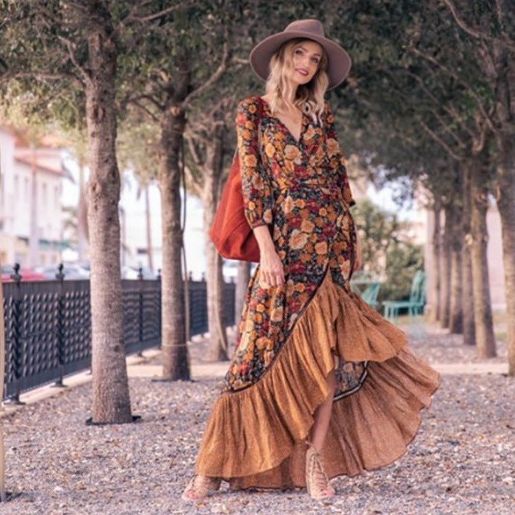Romany Gypsy Outfits Long Sleeve Vintage Print Dress Maxi Dress