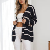 Women Cardigan Knit Sweater Spring Fashion Mid-Length Striped Knitted Cardigan