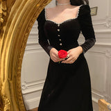 Long Sleeve Burgundy Dress Formal Autumn Winter Retro Heavy Industry Beads Dress Skirt