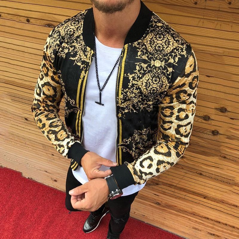 Men Winter Coats Man Fall Outfits Fall Men's Clothing Slim Leopard Print round Neck Casual Jacket Coat Men