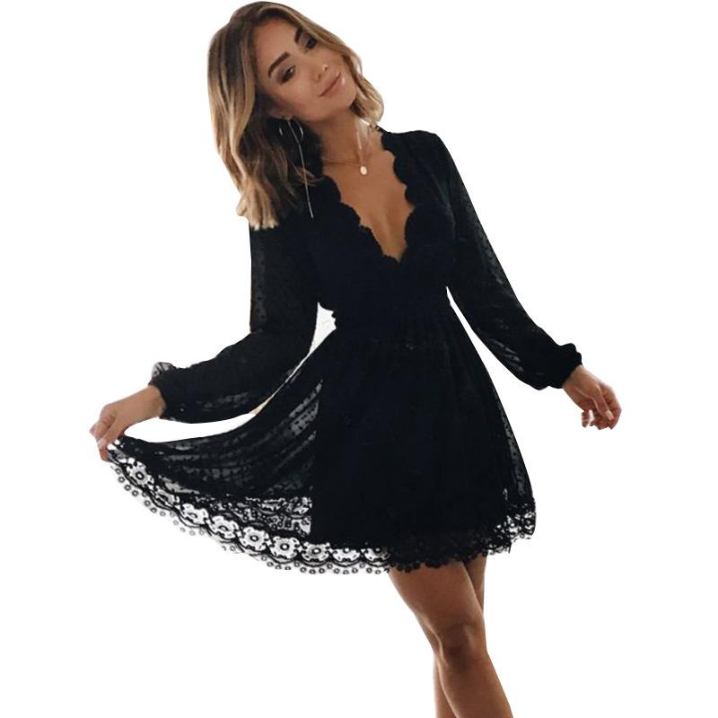 Women Lace Wedding Dress Mini Dress Women's Short Skirt V-neck Sexy Fashion Long Sleeve Dress