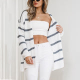 Women Cardigan Knit Sweater Spring Fashion Mid-Length Striped Knitted Cardigan