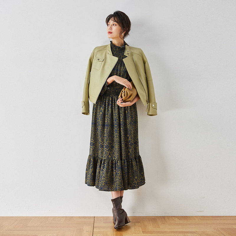 Gloria Vanderbilt Stand-up Collar Puff Sleeve Long Floral
