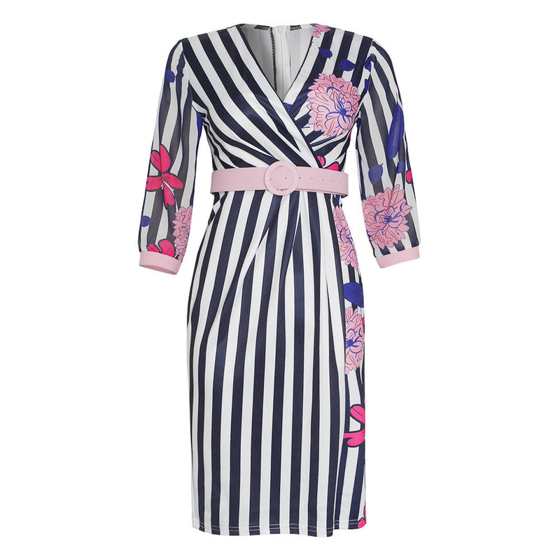 African Women's Wear Striped Multicolor Flower Print Dress African Dashiki Ankara Styles Dress