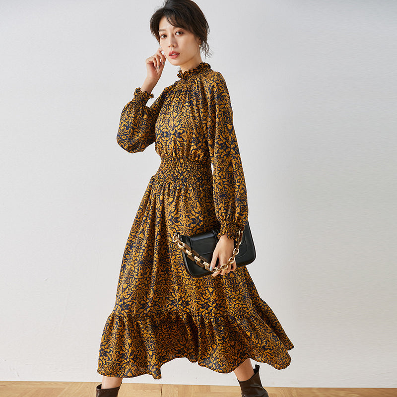 Gloria Vanderbilt Stand-up Collar Puff Sleeve Long Floral