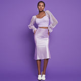 MIDI Mauve Skirt Spring and Summer Satin Purple Mid-Length High Waist Sheath A- line Skirt