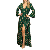 Kendall Jenner Wedding Guest Dress Autumn and Winter Long Sleeve Tied V-neck Printing