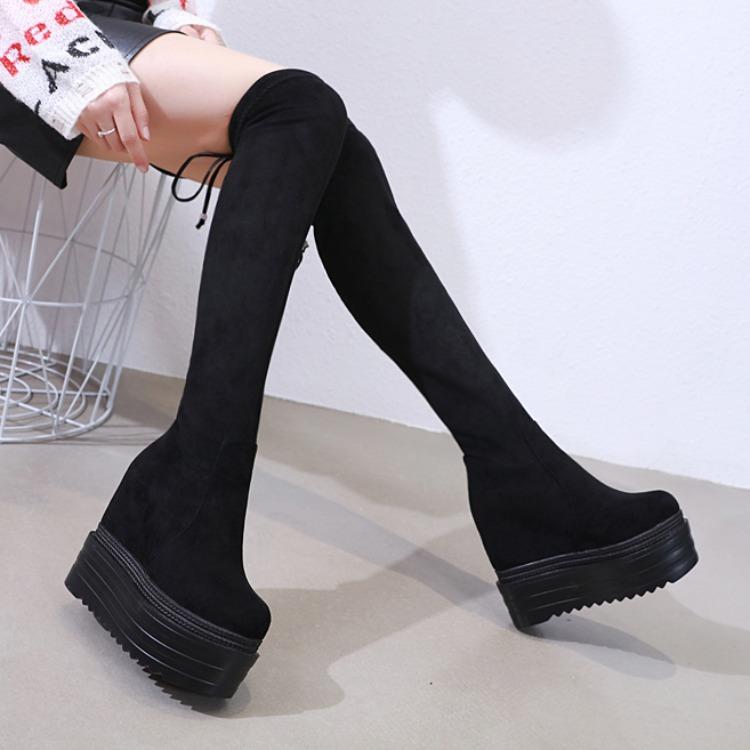 Platform Heels for Women Autumn and Winter Platform Muffin Slingback Stretch Boots Height Increasing Insole Long Boots
