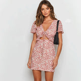 Kendall Jenner Wedding Guest Dress V-neck Low-Cut Lace-up A- line Skirt High Waist Short Sleeve Backless Floral