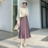 MIDI Mauve Skirt Pleated Knitted Skirt Women's Autumn and Winter Slimming Skirt