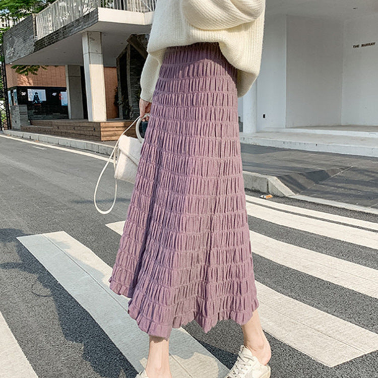 MIDI Mauve Skirt Pleated Knitted Skirt Women's Autumn and Winter Slimming Skirt