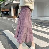 MIDI Mauve Skirt Pleated Knitted Skirt Women's Autumn and Winter Slimming Skirt