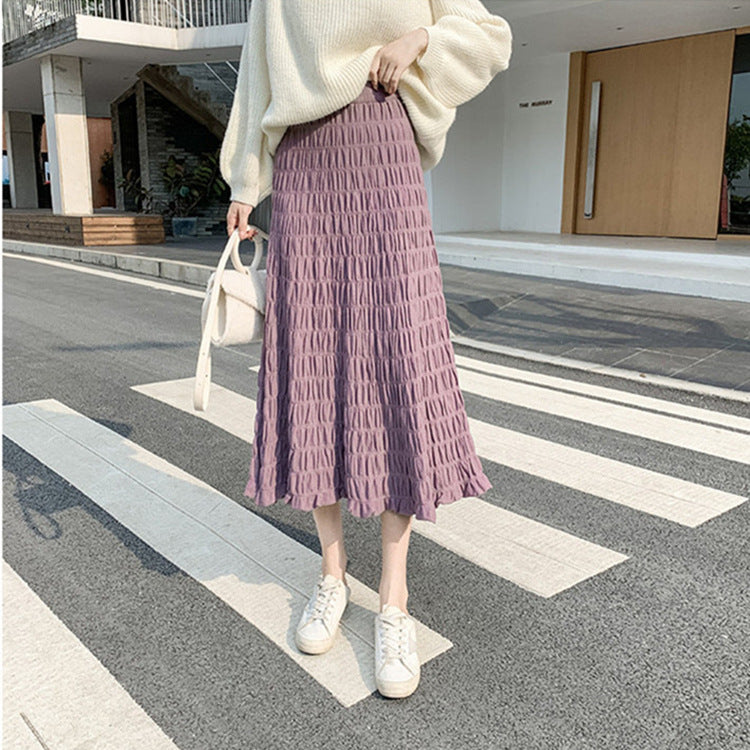 MIDI Mauve Skirt Pleated Knitted Skirt Women's Autumn and Winter Slimming Skirt