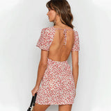 Kendall Jenner Wedding Guest Dress V-neck Low-Cut Lace-up A- line Skirt High Waist Short Sleeve Backless Floral