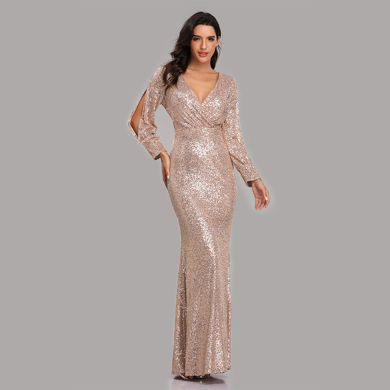 Long Homecoming Dresses Autumn and Winter Dress Multi-Color plus Size Long Sleeve V-neck Sequins