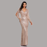 Long Homecoming Dresses Autumn and Winter Dress Multi-Color plus Size Long Sleeve V-neck Sequins