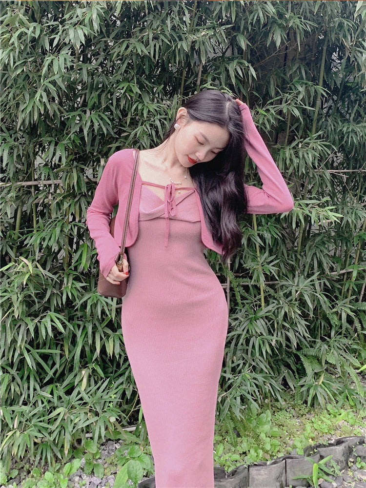 MIDI Mauve Cocktail Dress Autumn and Winter Retro Slimming Contrast Color Suspender Dress