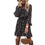 MIDI Mauve Wrap Dress Long Sleeve Elastic Waist Ruffled Printed Dress