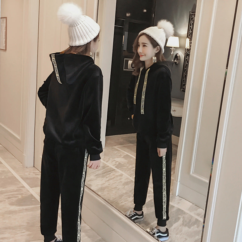 Velour Tracksuit Autumn and Winter Long Sleeve Velvet Padded Thickened Sweater Two-Piece Set