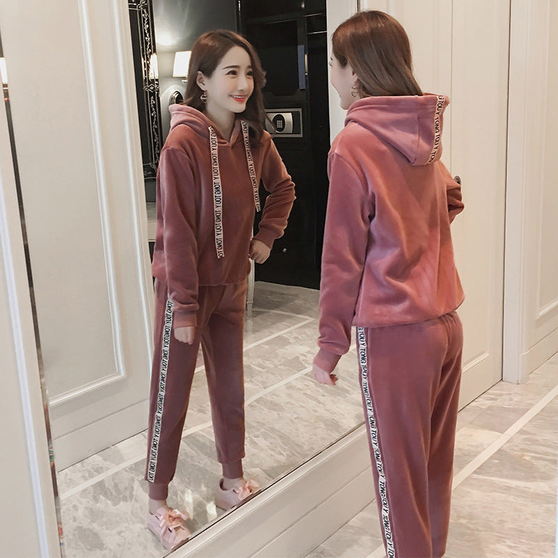 Velour Tracksuit Autumn and Winter Long Sleeve Velvet Padded Thickened Sweater Two-Piece Set
