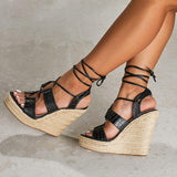 Platform Heels for Women Black Cross Straps Bohemian Sandals
