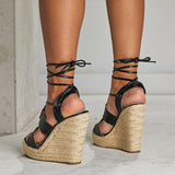 Platform Heels for Women Black Cross Straps Bohemian Sandals