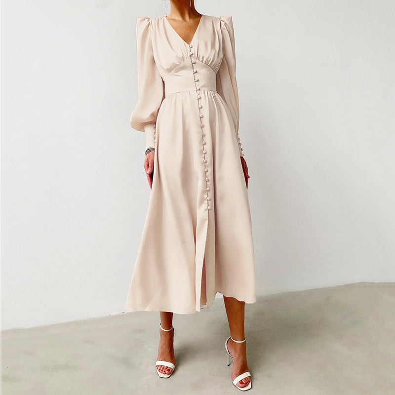 Taffeta Dress Satin Dress Lantern Sleeve Waist-Tight Elegant Slim-Fit Dress