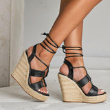 Platform Heels for Women Black Cross Straps Bohemian Sandals