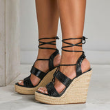 Platform Heels for Women Black Cross Straps Bohemian Sandals