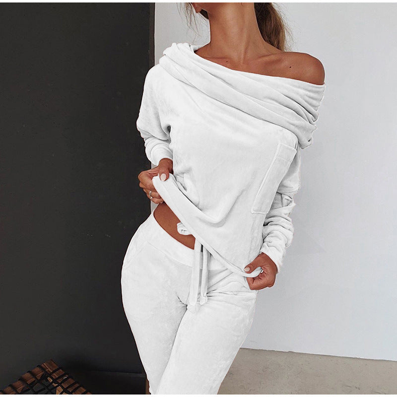 Velour Tracksuit Autumn and Winter Boat Collar Long-T-Shirt Bowknot Leisure Gold Velvet Suit.