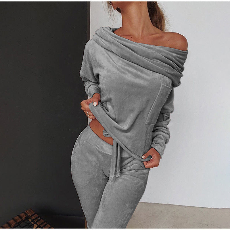 Velour Tracksuit Autumn and Winter Boat Collar Long-T-Shirt Bowknot Leisure Gold Velvet Suit.