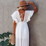 Coachella Music Festival Outfits Button Waist Strap Long Skirt Cardigan Vacation Coat Sun Protection Clothing Long Skirt Bikini Blouse for Women