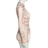 Women's Spring Clothing Sexy Mesh See-through Digital Printed Waist-Controlled Lace-up Jumpsuit for Women