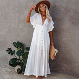 Coachella Music Festival Outfits Button Waist Strap Long Skirt Cardigan Vacation Coat Sun Protection Clothing Long Skirt Bikini Blouse for Women