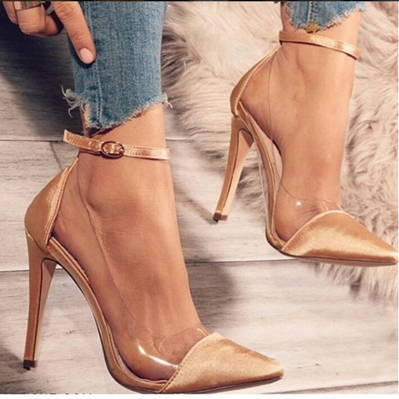 Hot Pink Heels Pointed-Toe Colorblock Transparent Stiletto Ultra-High Heels Pumps Women's Shoes